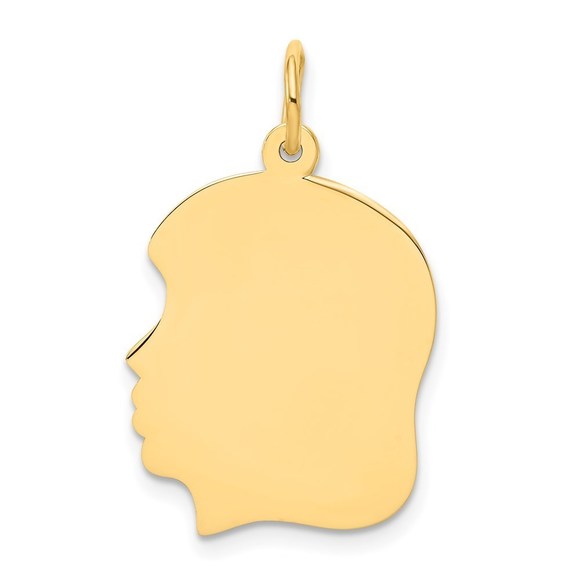 14k Yellow Gold Plain Medium .009 Gauge Facing Left Engraveable Girl Head Charm